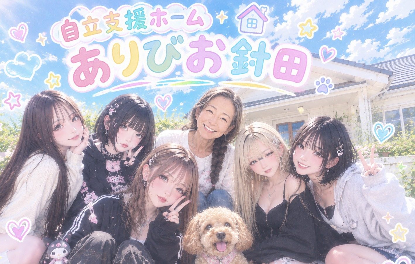 「自立支援ホーム ありびお針田」の文字と、家の前で笑顔で集まる女の子たち・スタッフ・犬のイメージ画像